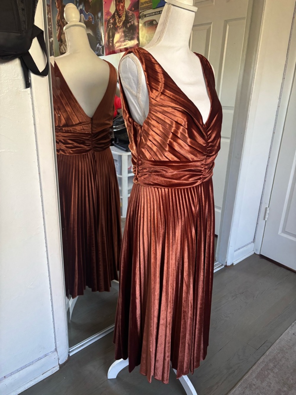 Maison Tara Copper Pleated V-Neck Midi Dress